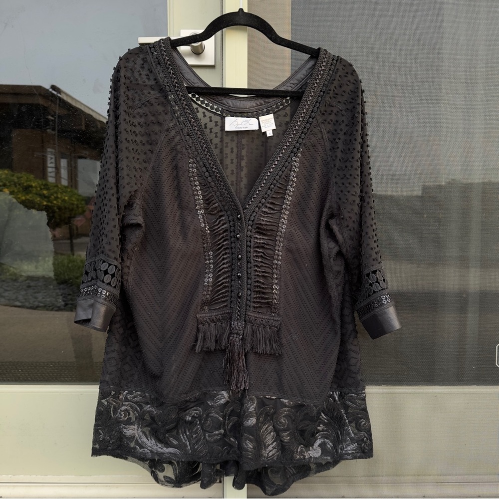 Byron Lars Beauty Mark Black Sheer Lace V Neck Blouse Cover Up Size 6